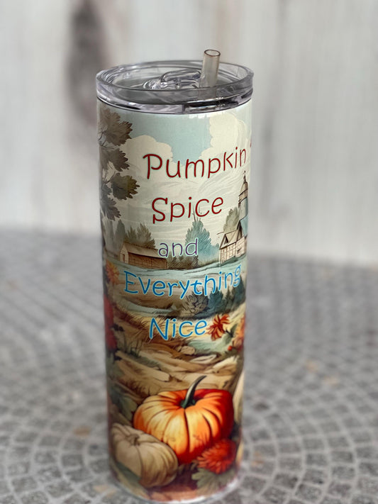 Pumpkin Spice Stainless Tumbler 20 oz | Skinny Tumbler with Lid & Straw | Fall Drinkware | Autumn Travel Cup
