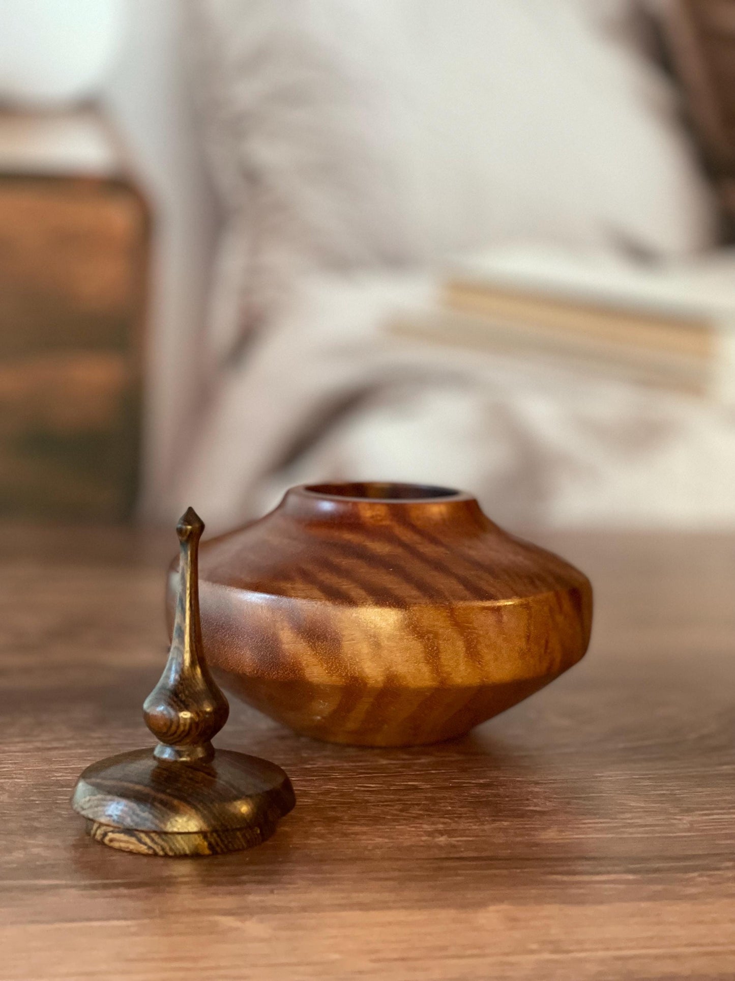 Elegant Cherry Hollow Vessel with Wenge Finial - 4.5” dia., 5”h | Stunning wood grain Conversation piece | unique gift idea