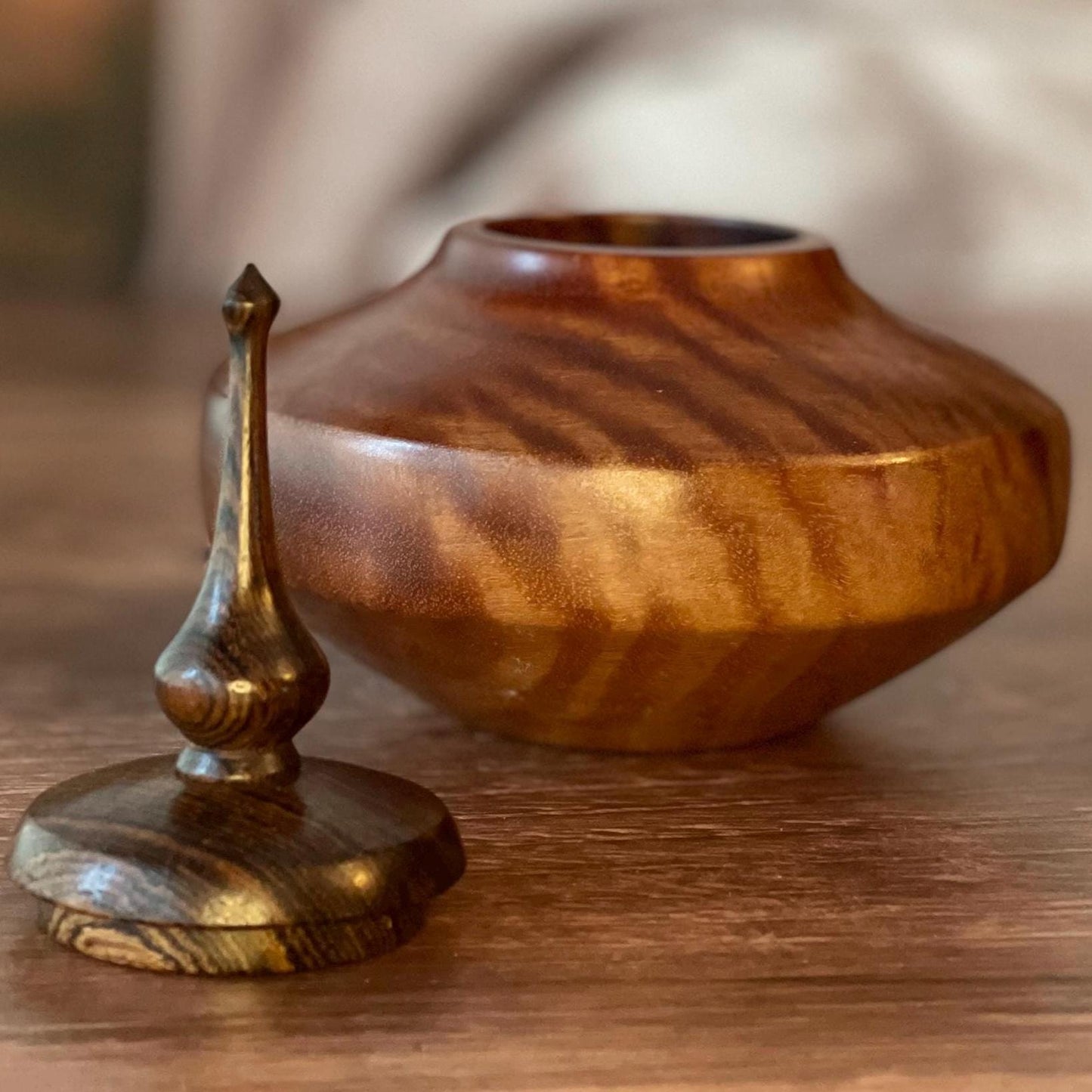 Elegant Cherry Hollow Vessel with Wenge Finial - 4.5” dia., 5”h | Stunning wood grain Conversation piece | unique gift idea