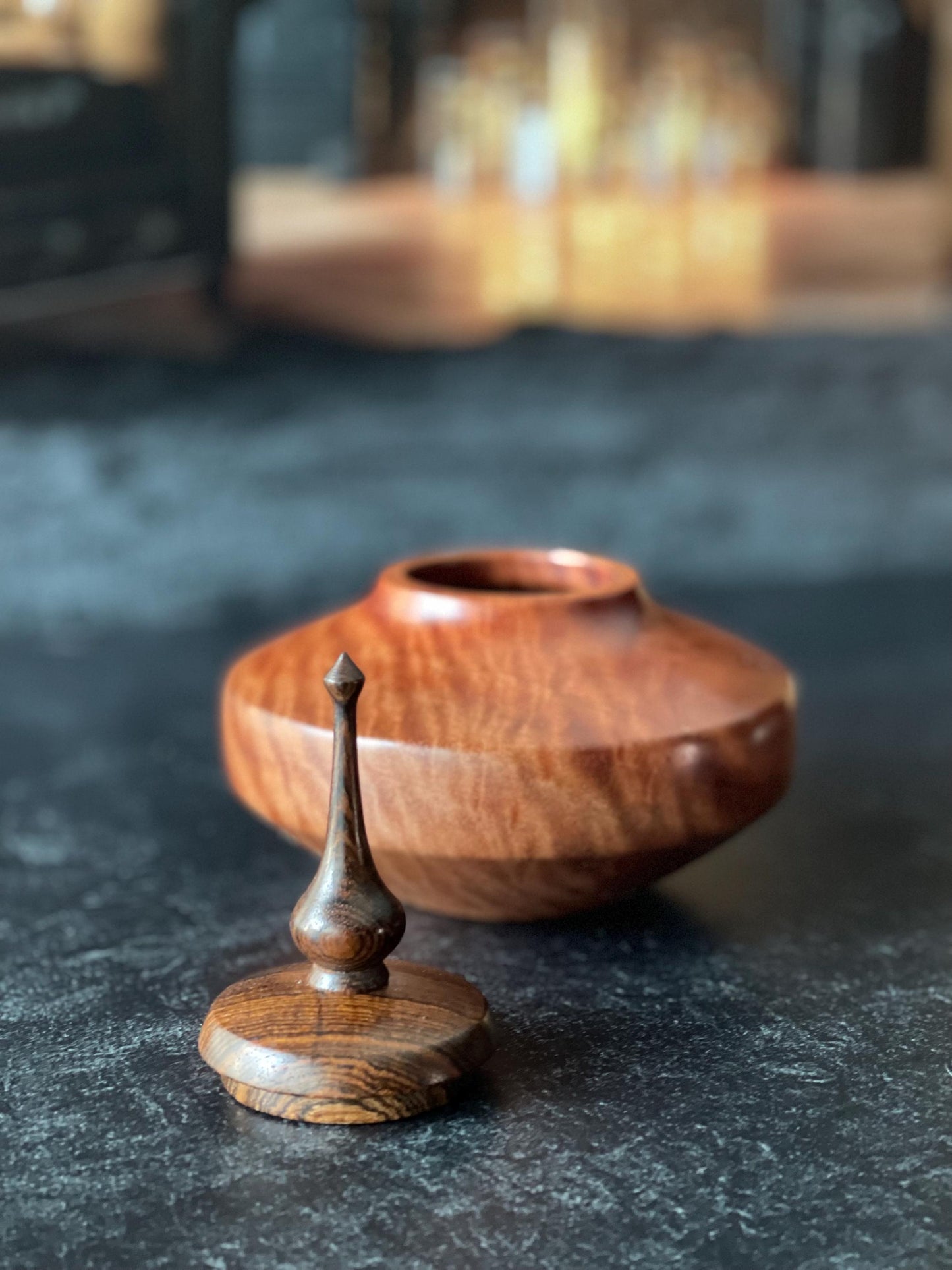 Elegant Cherry Hollow Vessel with Wenge Finial - 4.5” dia., 5”h | Stunning wood grain Conversation piece | unique gift idea