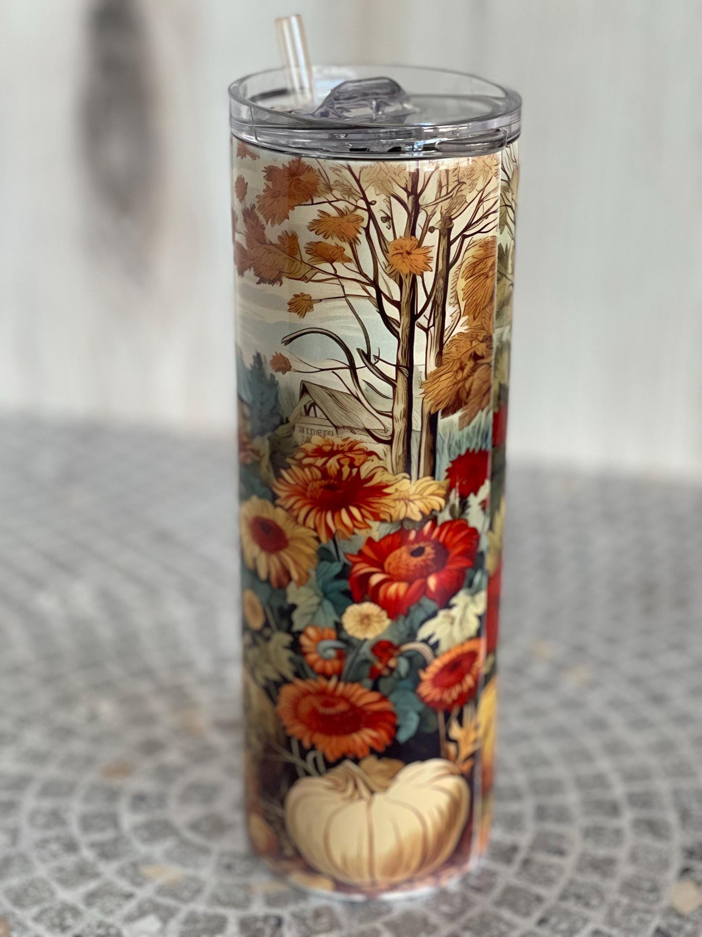 Pumpkin Spice Stainless Tumbler 20 oz | Skinny Tumbler with Lid & Straw | Fall Drinkware | Autumn Travel Cup
