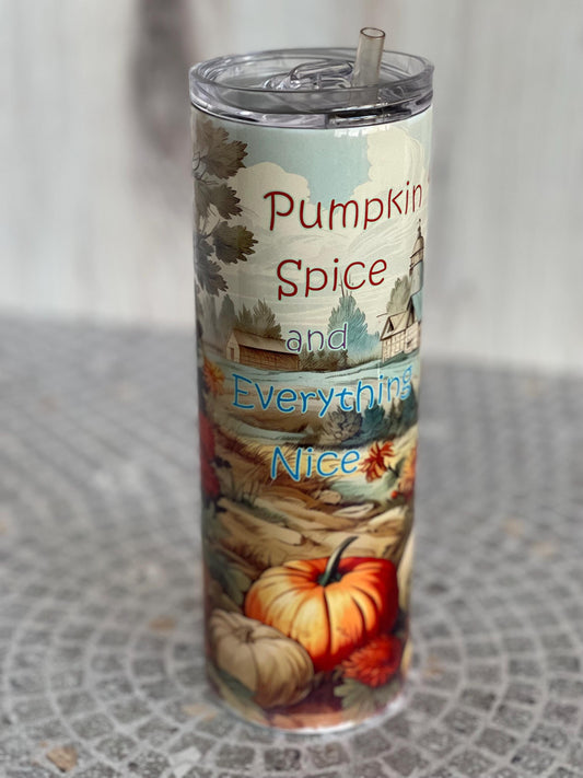Pumpkin Spice Stainless Tumbler 20 oz | Skinny Tumbler with Lid & Straw | Fall Drinkware | Autumn Travel Cup